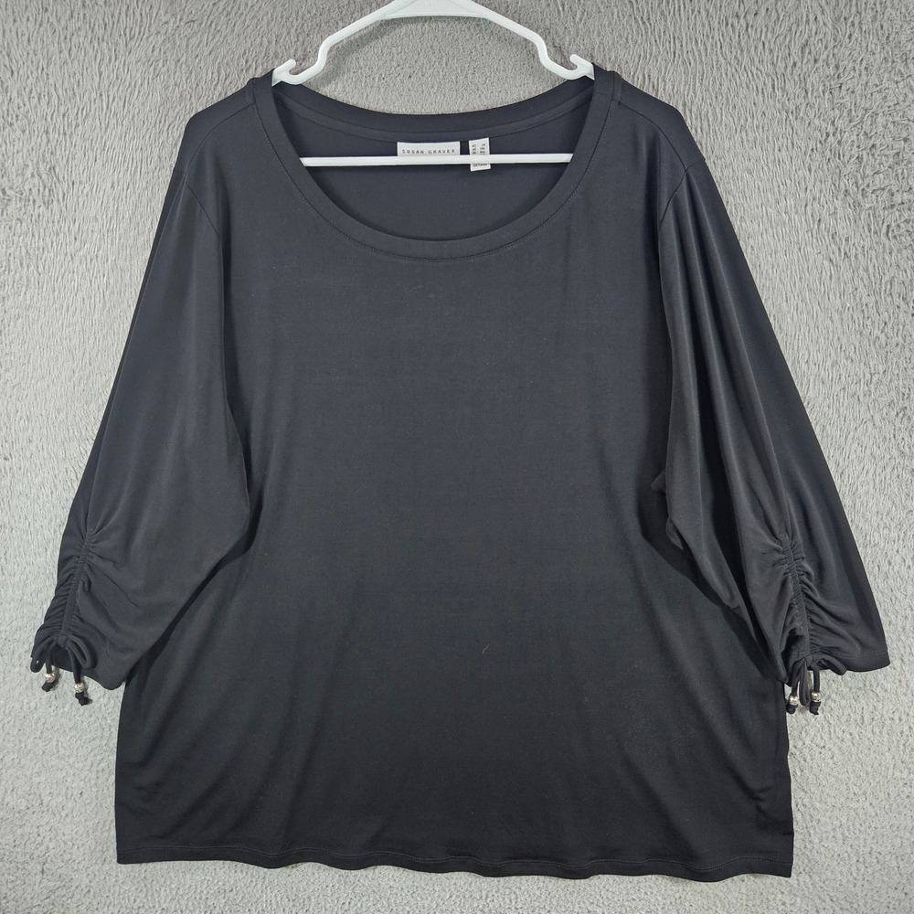 Susan Graver Black Liquid Knit Ruched Tie Sleeve Top Womens 2X Scoop Neck
